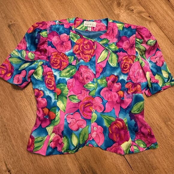 Vtg Adrianna Papell Silk Skirt Top 2 pc Set Sz 8 pink floral Maximalist Wow 90s - Picture 6 of 16